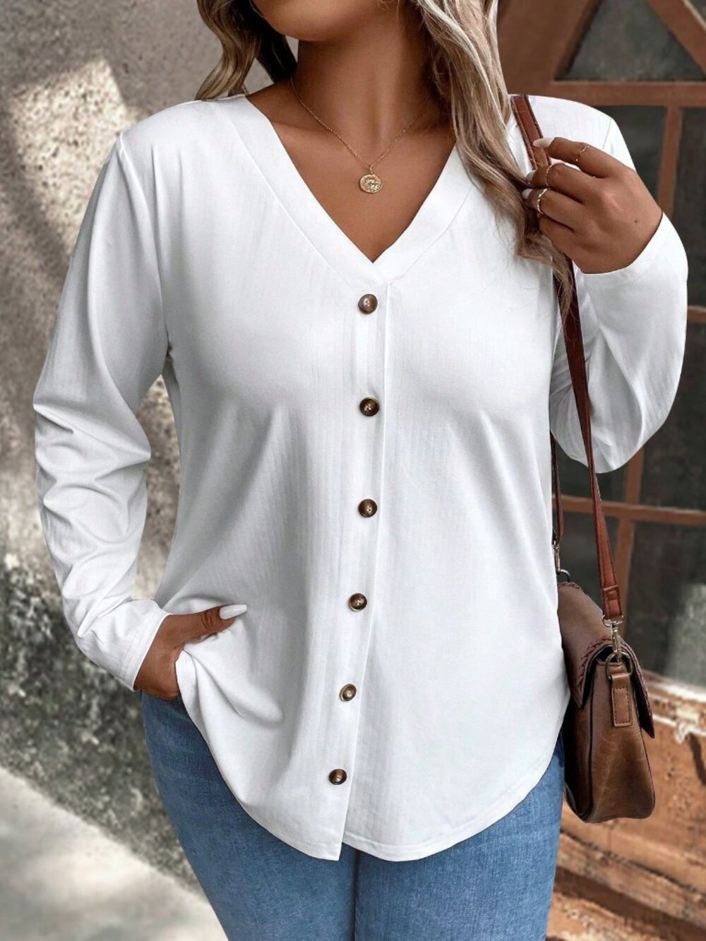 Solid Button Front Tee 1X - Picture 1 of 2